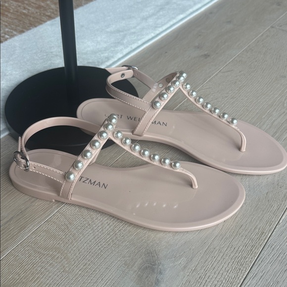 Stuart Weitzman Blush Pink Pearl T-Strap Sandals - Picture 2 of 3